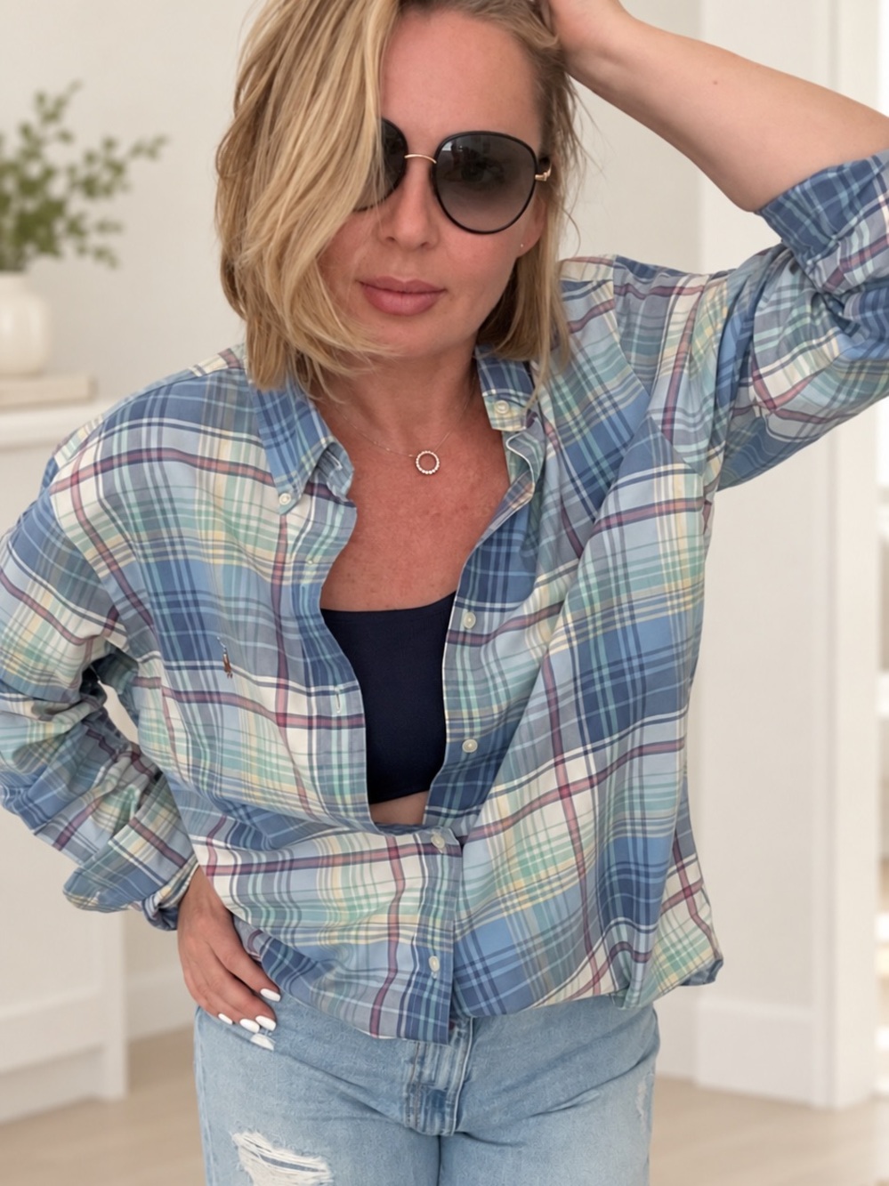 Vintage Polo Ralph Lauren Plaid Shirt Men L Women Oversized Blue Preppy Y2K - Picture 3 of 4